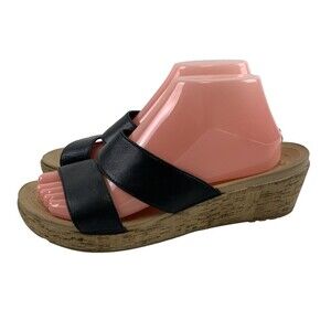 Crocs A-Leigh Leather Wedge Sandal Black Cork Slip On Comfort 16205 Womens 9